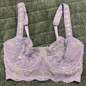 Lavender Lace Longline Bra with Embroidered Straps